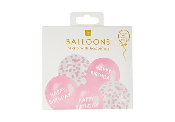 BALLOONS, 5 PACK, PINK, HAPPY BIRTHDAY AND CONFETT